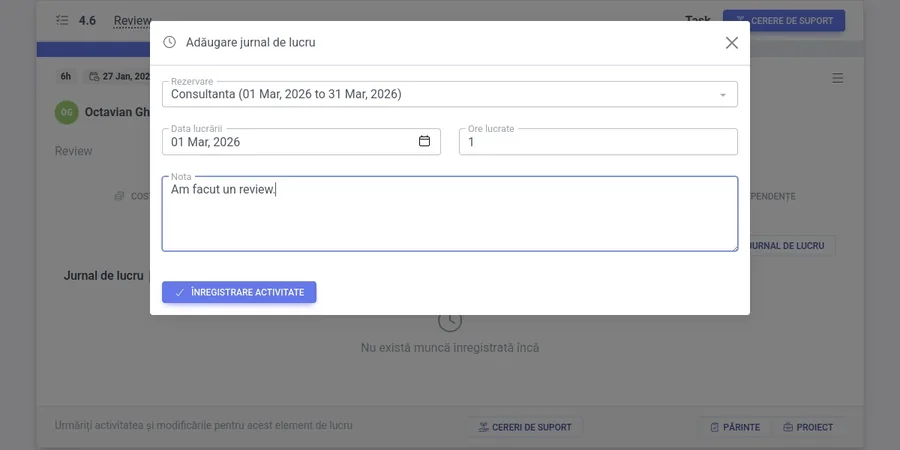 Work log entry on projects